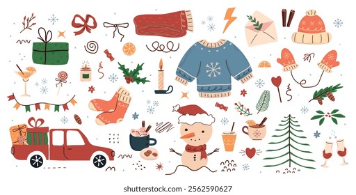 concept winter, pattern, Fir tree, stars, dots, snow,  line drawing. trend design elements are isolated on white background. Simple shape conceptfor winter season cards, for  party poster, banner