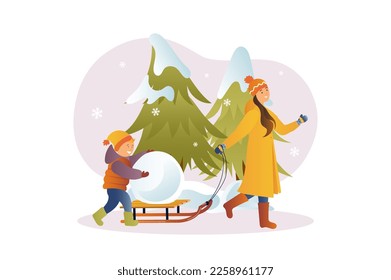 Concept Winter with people scene in the flat cartoon style. Mother and son playing snowballs and having fun during a winter walk. Vector illustration.