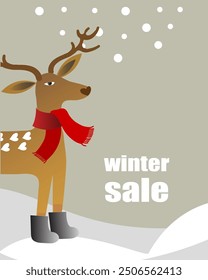 Concept of winter sale card or banner with Deer in felt boots and a scarf. Vector illustration.