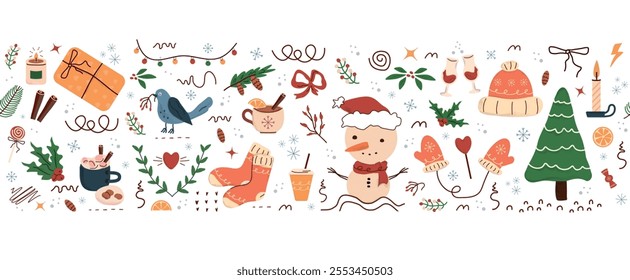 concept winter, seamless pattern, Fir tree, stars, dots, snow,  line drawing. Holiday design elements are isolated on white background. Simple shape conceptfor winter season cards, for  party poster 