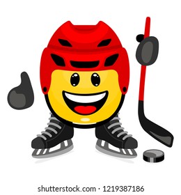 Concept of winter sport. Cute hockey player emoticon in cartoon style on white background.