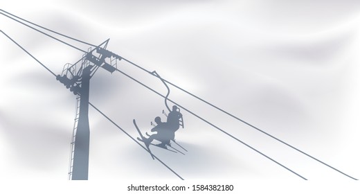 Concept of winter sports and holidays in the mountains with the symbol of chairlift whose shadow is outlined on the snow.