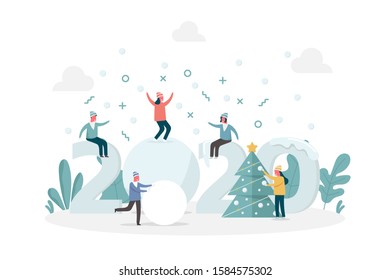 concept of winter two thousand twenty and new year celebration with pine tree and tiny people, vector flat illustration for web, landing page, ui, banner, editorial, mobile app and flyer.