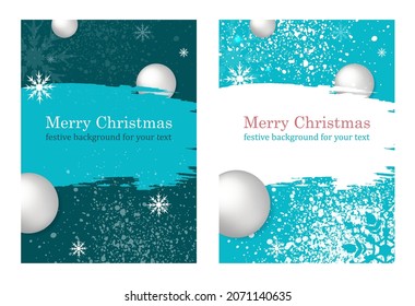 The concept of winter vertical templates with volumetric balls, snowflakes and snow. Template for greeting cards and invitations for Christmas or New Year.