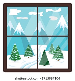 Concept winter window landscape view, snow forest valley and mountain range isolated on white, flat vector illustration. Modern interior design.