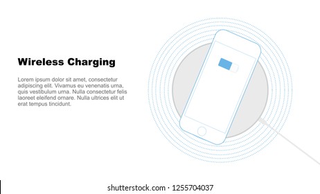 Concept of wireless charging for smartphone with icon battery and charging progress lighting on screen. Vector isolated outline illustration for sites and banners.