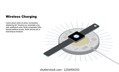 Concept of wireless charging for smartwatch with charging progress lighting on screen.  It illustrate how to work wireless charging. Vector isolated isometric illustration for sites and banners.