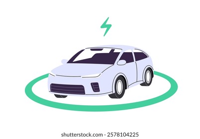 Concept of wireless charging station for electro cars. Electric automobile refuels on charger. Transport on sustainable energy recharges with electricity. Flat isolated vector illustration on white