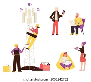 Concept of wireless network technology 5g. Service workers installs high speed internet on telecommunication tower, people with different gadgets use wifi net. Vector illustration.