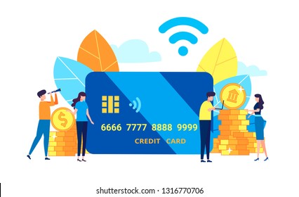 Concept of wireless payment, money transaction technology. Business and finance theme. Credit card online banking. Business people pay coins cash. Flat people characters making money.