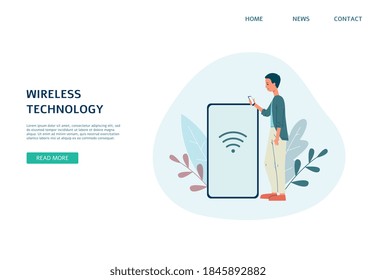 Concepto de tecnología Wi-Fi inalámbrica. Hombre con teléfono móvil que usa router para dispositivo de conexión remota a Internet. Ilustración vectorial plana. Diseño de la plantilla de la página de inicio.