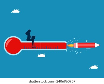 Concept without boundaries. Businesswoman is working with a broken thermometer, a pencil rocket crashes into the thermometer