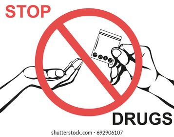 Concept without drugs. Decline the tablets. The hand gives drugs. Vector. Prohibition sign. Poster.