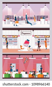 Concept of woman fragrance, shoes and bags and clothes boutique interiors. Flat vector illustration with girls choosing goods. Interior of shop with buyers and beautiful merch for sell.