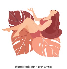 Concept of woman harmony and balance. Woman lying in relaxing pose in nature and leaves. Concept illustration for yoga, meditation, relax, recreation, healthy lifestyle. Vector illustration.