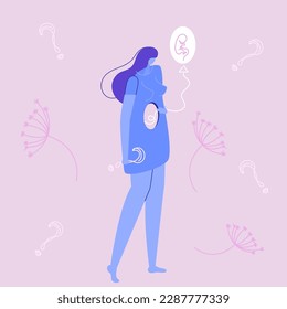 The concept with woman  hold ballon with baby. She has miscarriage, pregnancy loss. It is grief and sad. Illustration good  for medical clinic poster or UI UX design apps.