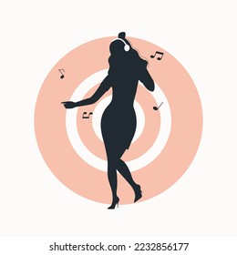 Concept woman listens to music through headphones and dances. Vector illustration.