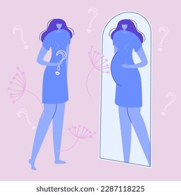 The concept with woman look to the mirror because has miscarriage, baby loss, pregnancy loss. It is grief. Illustration good for  medical clinic poster or UI UX design apps.