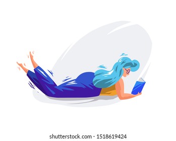 Concept with woman lying and reading book. Hand-drawn flat style. Vector illustration.