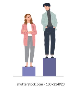 Concept of woman and man in casual outfit paygap gender inequality competition in business work place salary discrimination in flat style cartoon illustration 