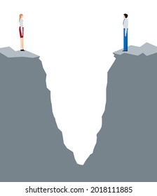 Concept of a woman and a man facing a ravine. Differences in society between men and women. Gender pay gap, how much less do women earn than men
