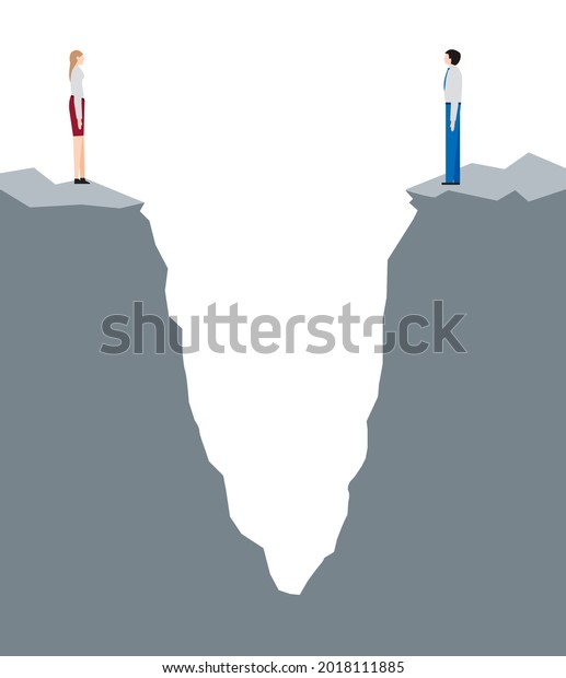Concept of a woman and a man facing a ravine.\
Differences in society between men and women. Gender pay gap, how\
much less do women earn than\
men\
