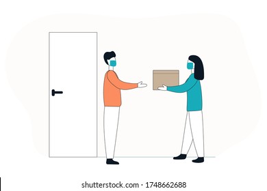 Concept woman in medicine mask door-to-door delivery worker hands a package to the addressee.