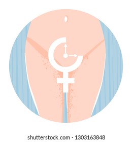 Concept of woman menopause, climacteric. Illustration with woman body and clock measuring age. Vector illustration on white background.