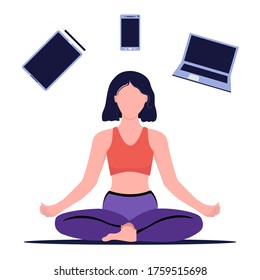 Concept of a woman practicing yoga in her free time. Rest from work and gadgets. Yoga and meditation. Girl sitting in lotus position