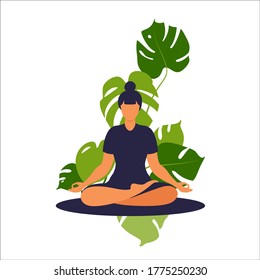 Concept woman practicing yoga and meditation on home. The girl sits in the lotus position, the thought process, the inception and the search for ideas. Time management. Vector.