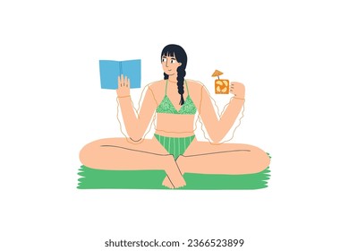  The concept of a woman in a swimsuit drinking a cocktail and reading book. Vector illustration in flat style