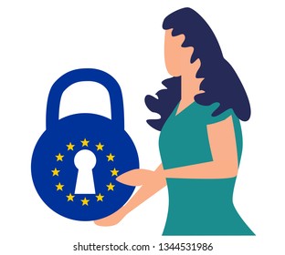 Concept woman talking about gdpr data protection, lock, locked password