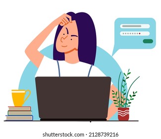 The concept of a woman thinking behind a laptop.
