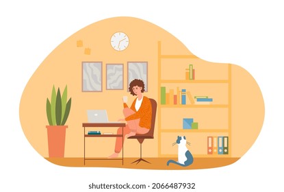 Concept of woman working. Girl sitting at table. Profession, professional. Office work, accountant, clerk, manager. Comfortable workplace house, freelancer. Cartoon flat vector illustration