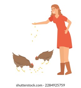 Concept Women feeding chickens. The vector illustration depicts a woman in a farm scene, feeding her chickens. Vector illustration.