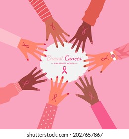 concept of women hands join together for breast cancer awareness and support and prevention with pink ribbon symbol in the center, flat vector illustration