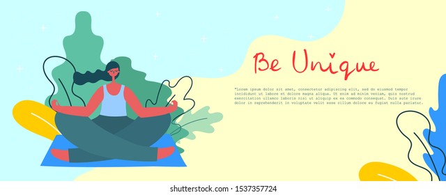 Concept of women unique background. Stylish modern vector illustration card with happy female woman and hand drawing quote Be unique