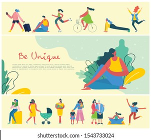 Concept of women unique background. Stylish modern vector illustration card with happy female woman and hand drawing quote Be unique
