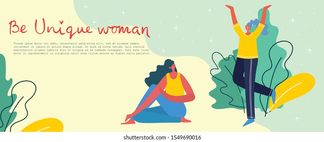 Concept of women unique background. Stylish modern vector illustration card with happy female woman and hand drawing quote Be unique