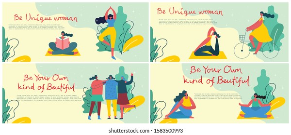 Concept of women unique background. Stylish modern vector illustration card with happy female woman and hand drawing quote Be  your own kind of beutiful