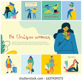 Concept of women unique background. Stylish modern vector illustration card with happy female woman and hand drawing quote Be unique