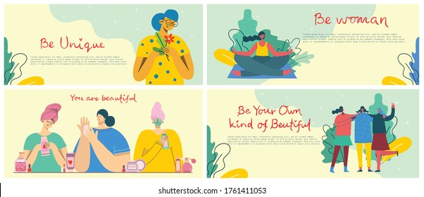 Concept of women unique background. Stylish modern vector illustration cards with happy female woman in the flat design