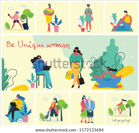 Concept of women unique background. Stylish modern vector illustration card with happy female woman and hand drawing quote Be unique