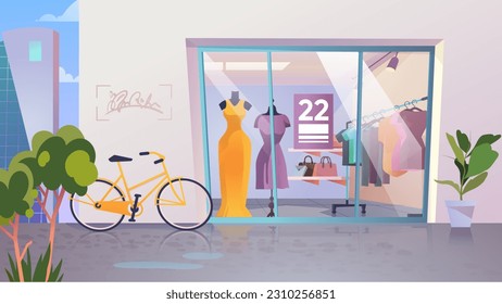 Concept Womens clothing shop. This illustration features a flat and cartoon-style design of a woman's clothing store as a background. Vector illustration.