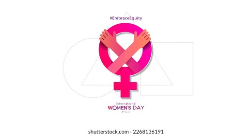 Concept of Womens day awareness. Greeting card. Happy International Women's day text and sign symbol design. 2023 Theme of #EmbraceEquity text design.