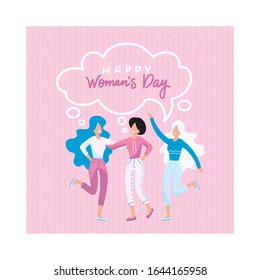 Concept for women's day. Three young smiling friendly girls. Female friendship, together forever, happy girls, woman portrait. Advertising for women. Vector flat hand drawn illustration