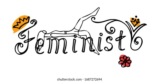The concept of the women's movement for empowerment. Creative inscription feminism. The girl lies on top of the letters. The union of feminists or sisterhood. Vector illustration