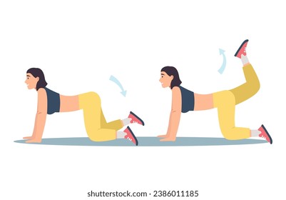 Concepto El entrenamiento de las mujeres en el diseño de caricaturas planas. La niña hace un ejercicio que relaja la espalda y bombea las piernas. Ilustración vectorial.