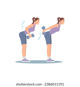 Concept Women's workout in the flat cartoon design. The image allows you to familiarize yourself with the rules for performing physical exercises with dumbbells. Vector illustration.