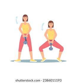 Concept Women's workout in the flat cartoon design. The illustration teaches how to properly do exercises with dumbbells to pump up different muscle groups. Vector illustration.